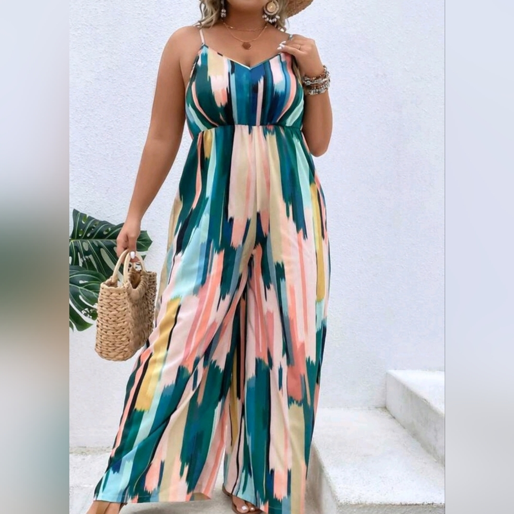 Brush Print Spaghetti-strap Jumpsuit, Sz 20